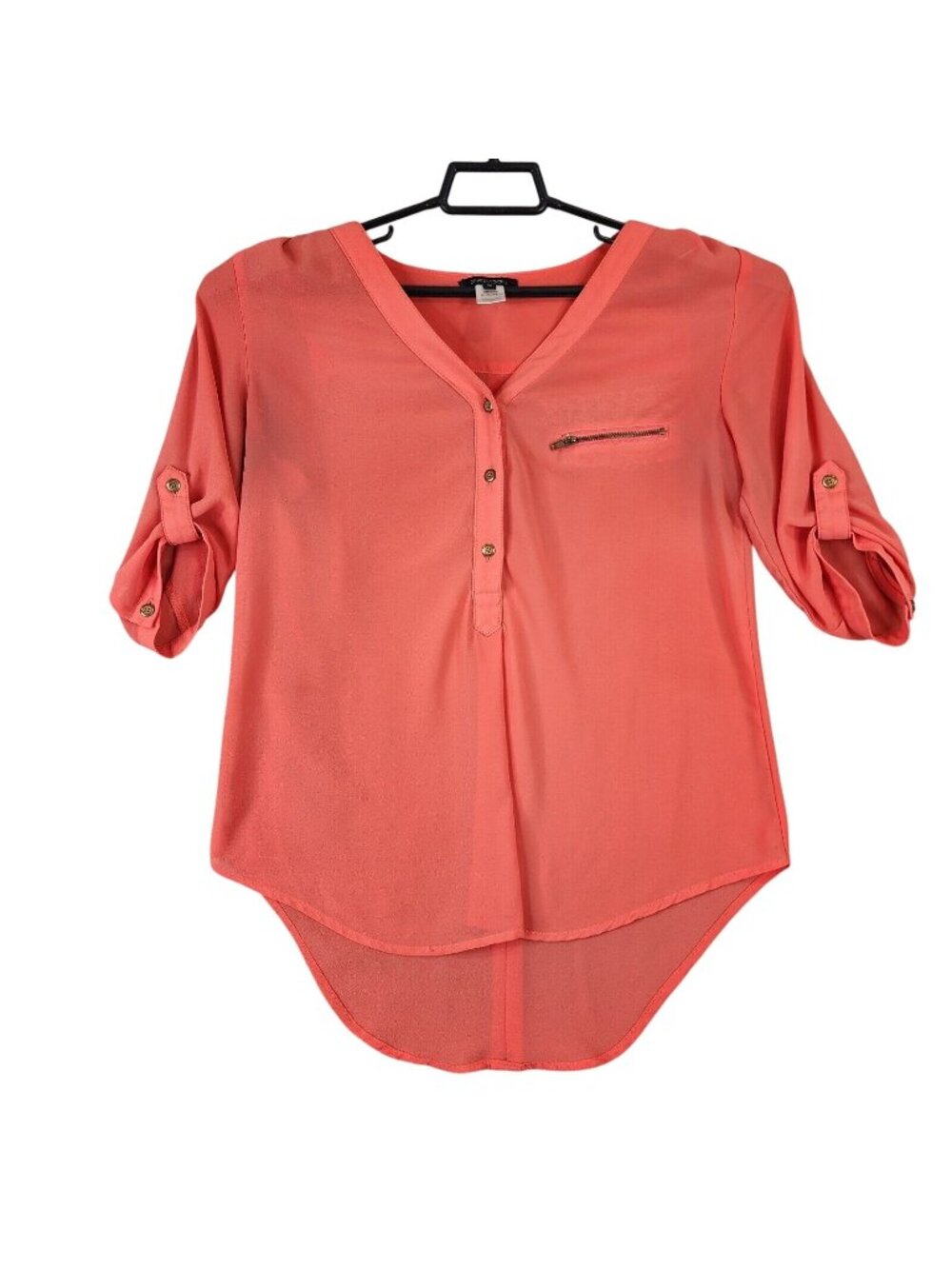 Womens Papermoon Sheer Coral Pink Button Front Blouse Roll Tab Sleeves Size M